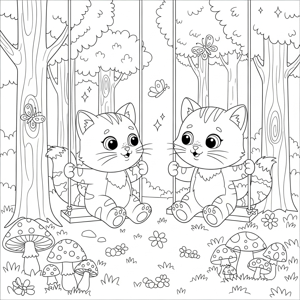 Desenho de gatinho para colorir sentado em balanço na floresta com cogumelos e borboletas