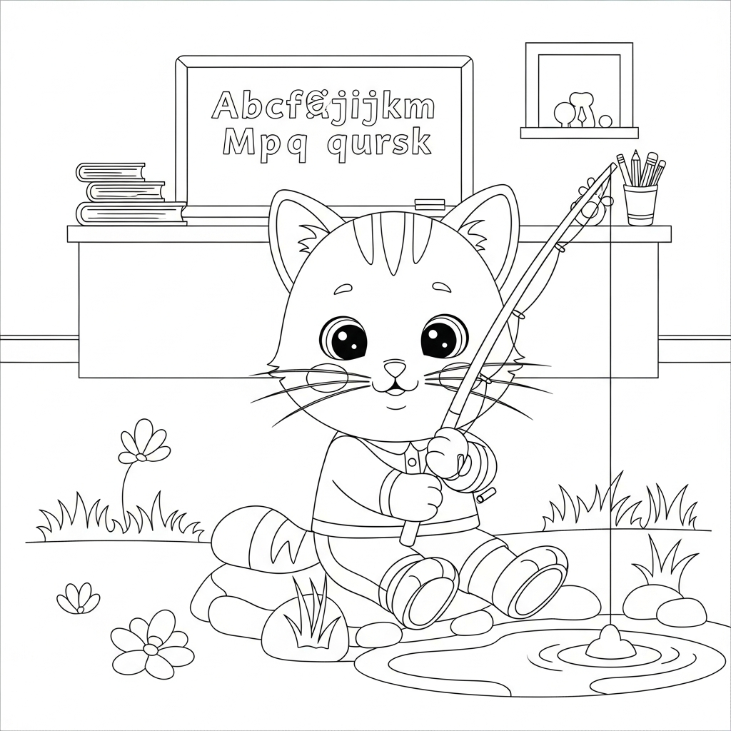 Desenho de gatinho para colorir pescando com vara em sala de aula com lousa