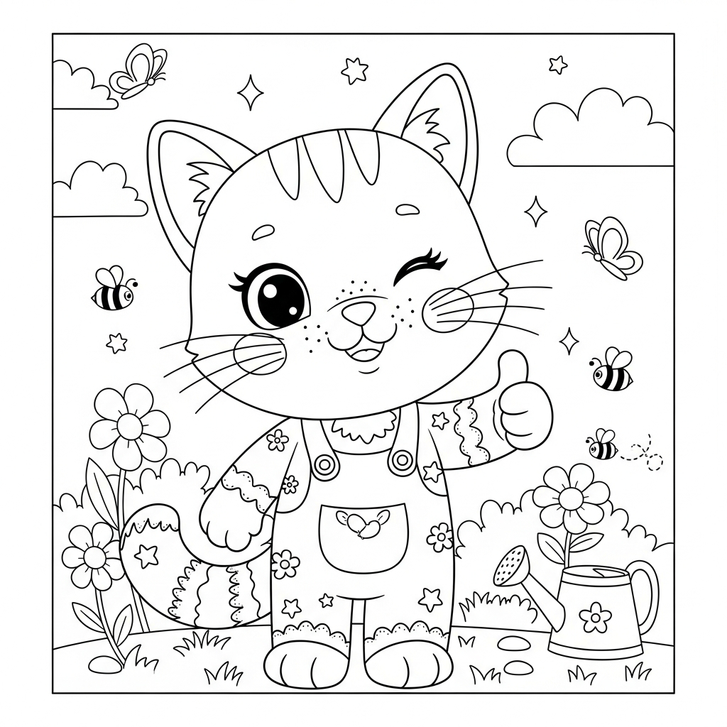 Desenho de gatinho para colorir piscando o olho com joinha no jardim florido.