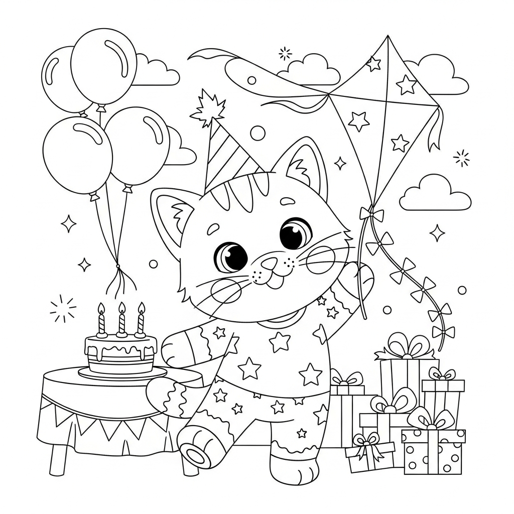 Desenho de gatinho para colorir segurando pipa no vento em festa de aniversário