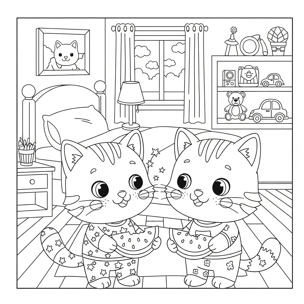 Desenho de gatinho para colorir segurando melancia no quarto com cama e brinquedos