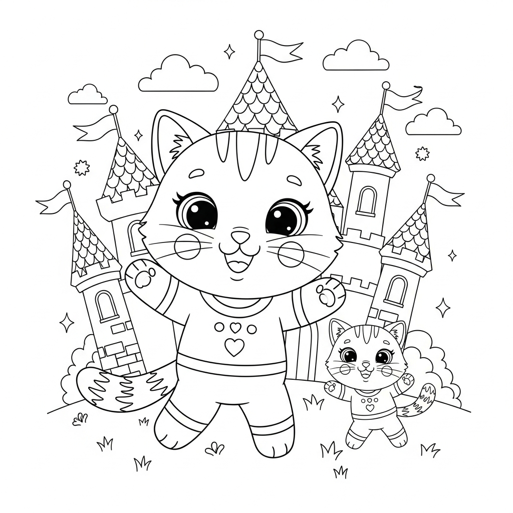 Desenho de gatinho para colorir pulando alegre diante de castelo encantado.