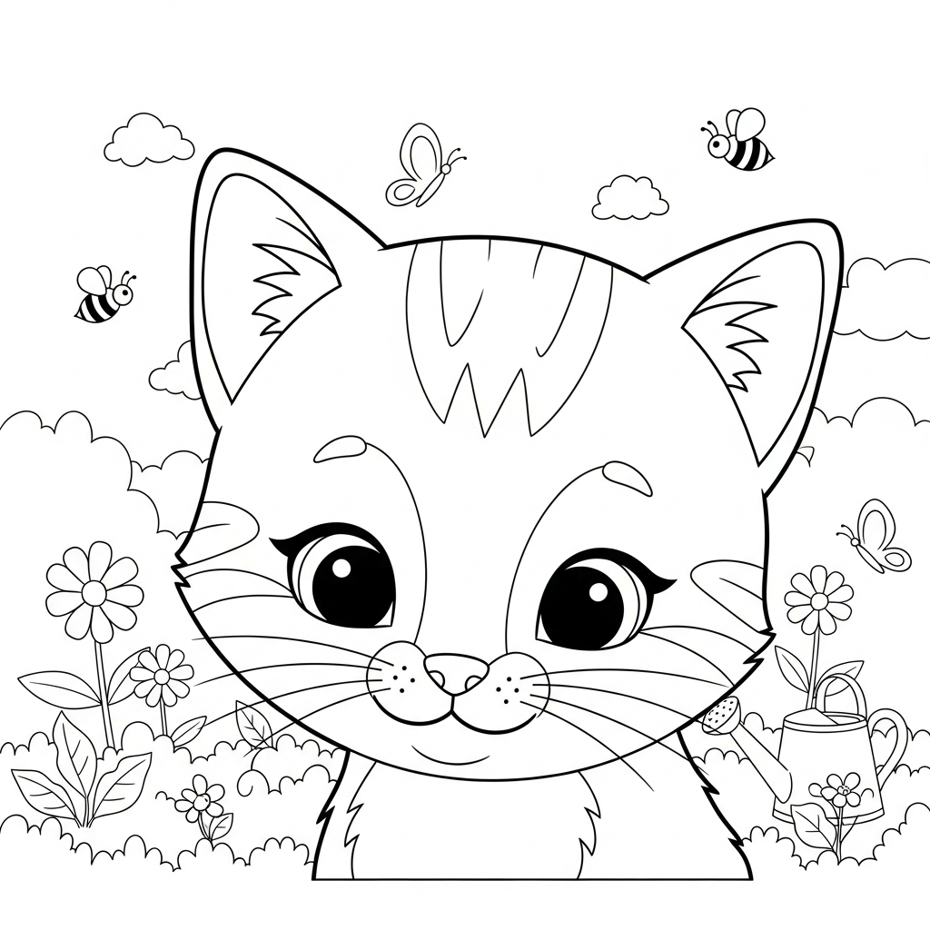 Desenho de gatinho para colorir sorrindo timidamente no jardim com flores e abelhas