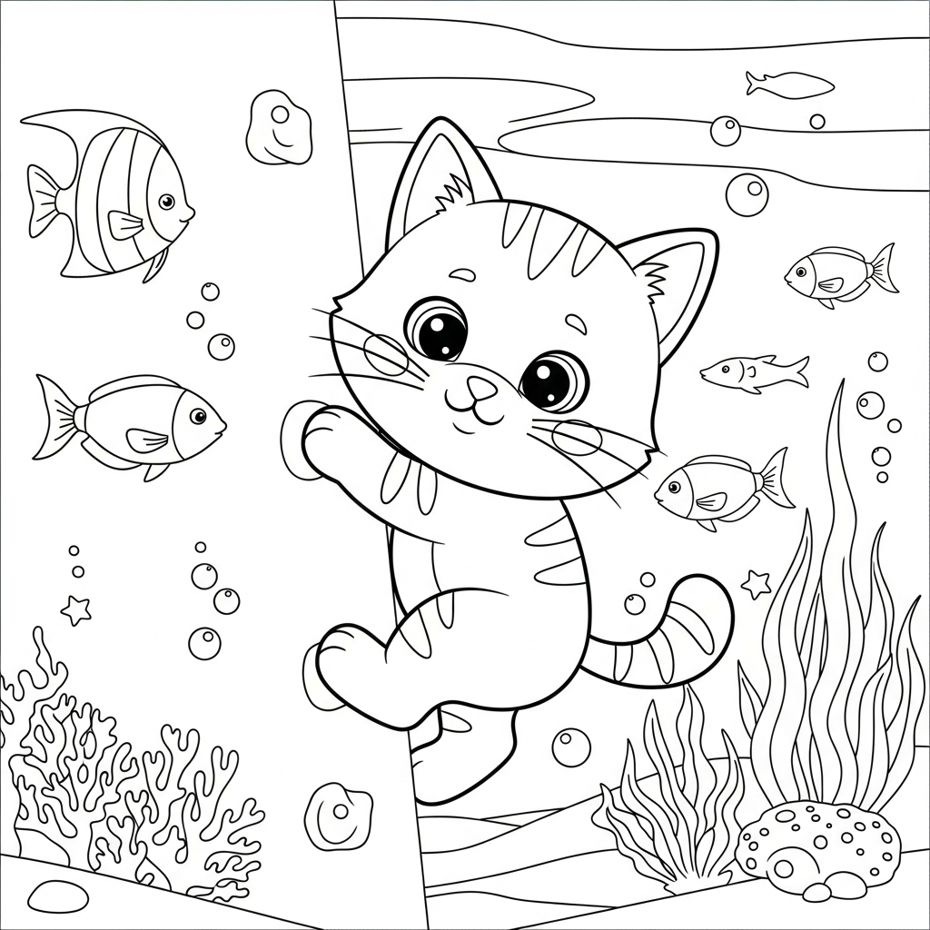 Desenho de gatinho para colorir escalando parede de escalada no fundo do mar.