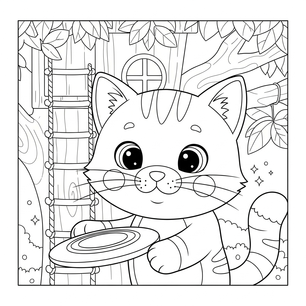 Desenho de gatinho para colorir jogando frisbee no parque com casa na árvore
