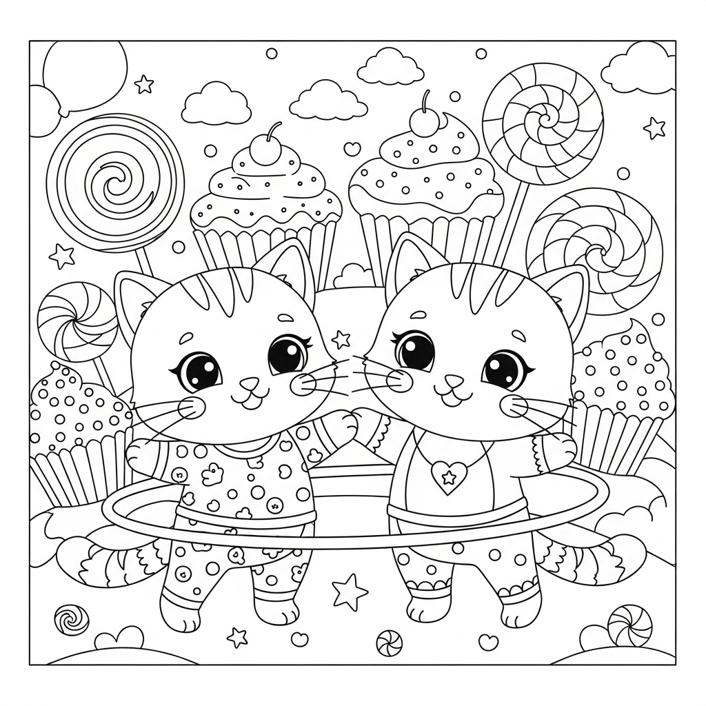 Desenho de gatinho para colorir brincando com bambolê na cintura na terra dos doces.