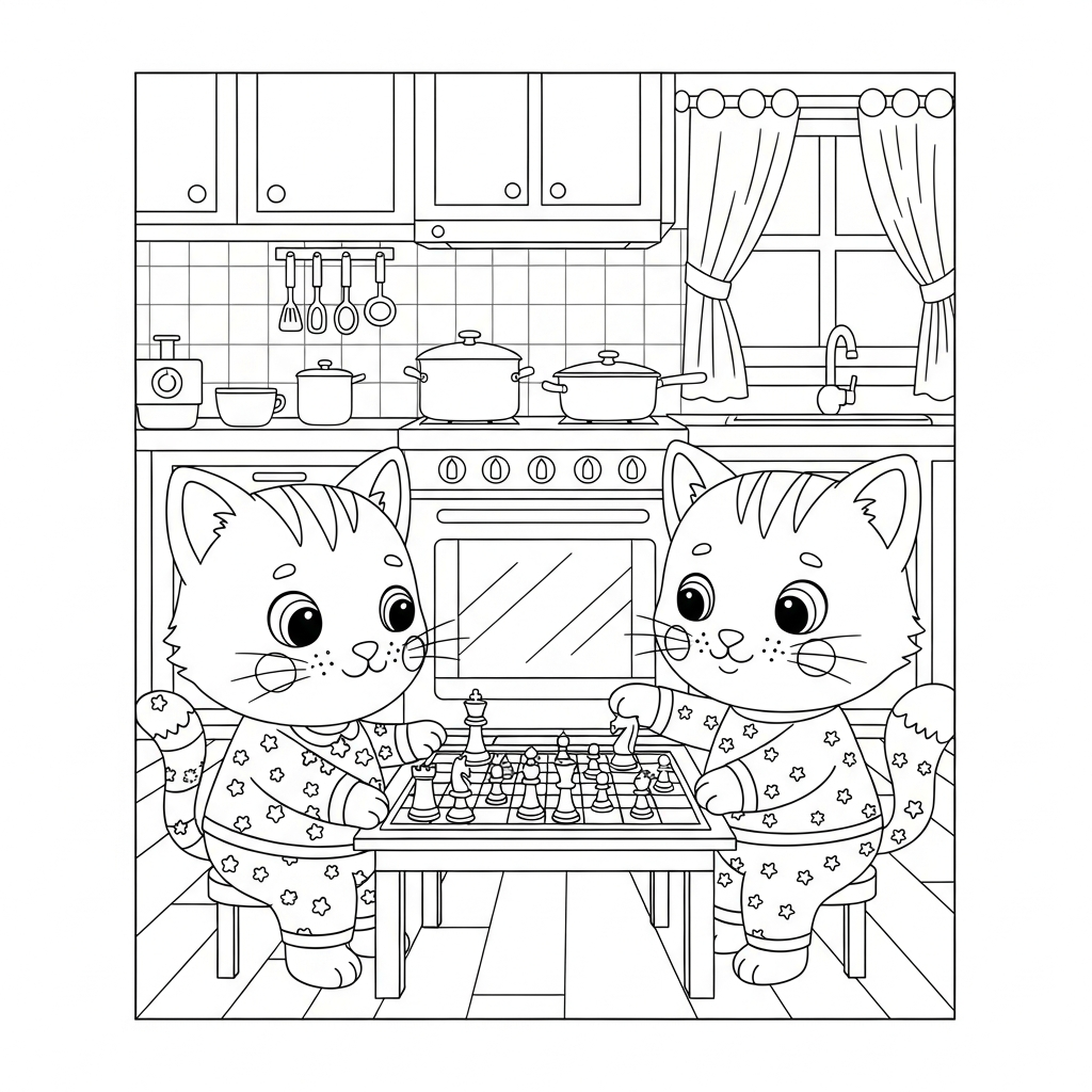Desenho de gatinho para colorir jogando xadrez na cozinha com forno e panelas.