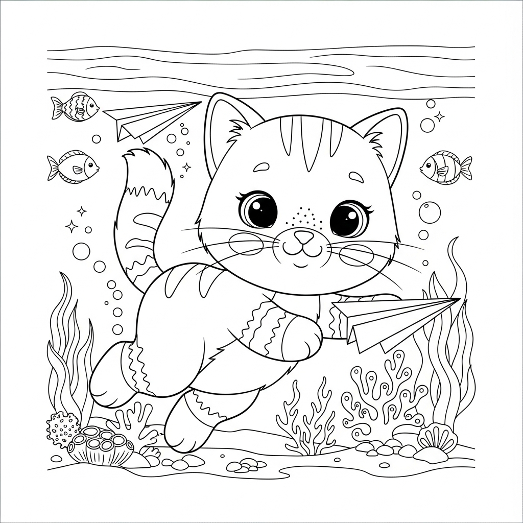 Desenho de gatinho para colorir brincando com avião de papel entre peixes e corais.
