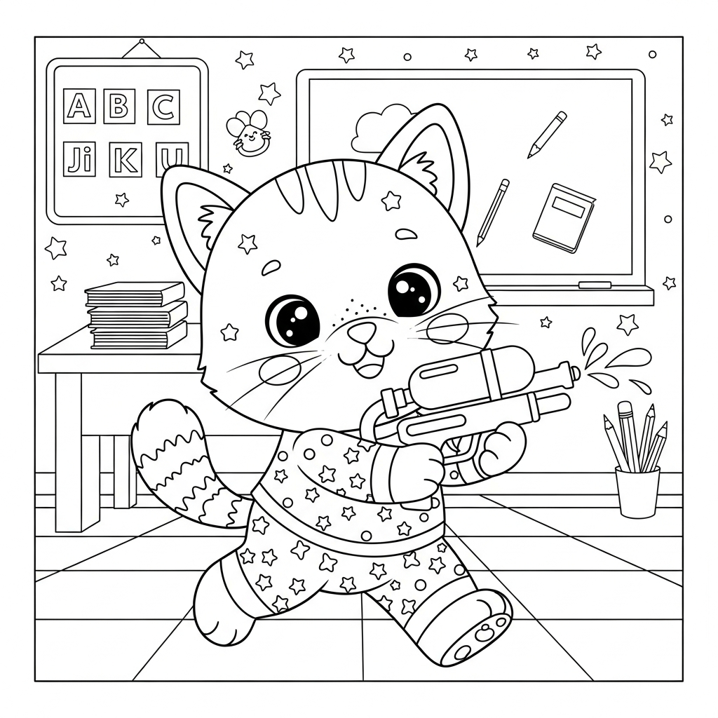 Desenho de gatinho para colorir brincando com pistola de água na sala de aula com lousa.