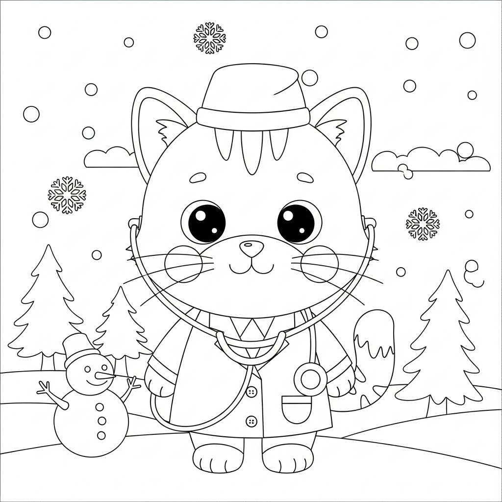 Desenho de gatinho para colorir vestido de médico com estetoscópio na neve com pinheiros