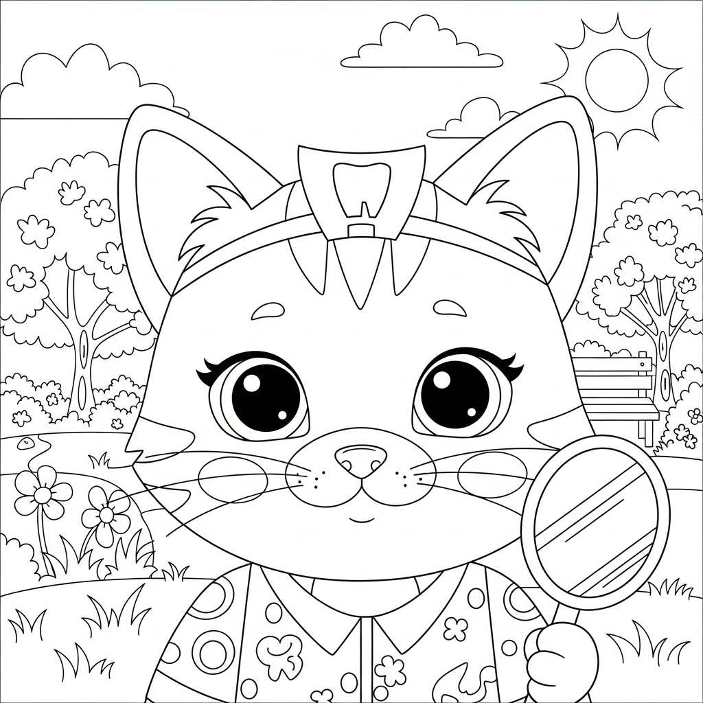 Desenho de gatinho para colorir vestido de dentista com espelhinho no parque ensolarado.