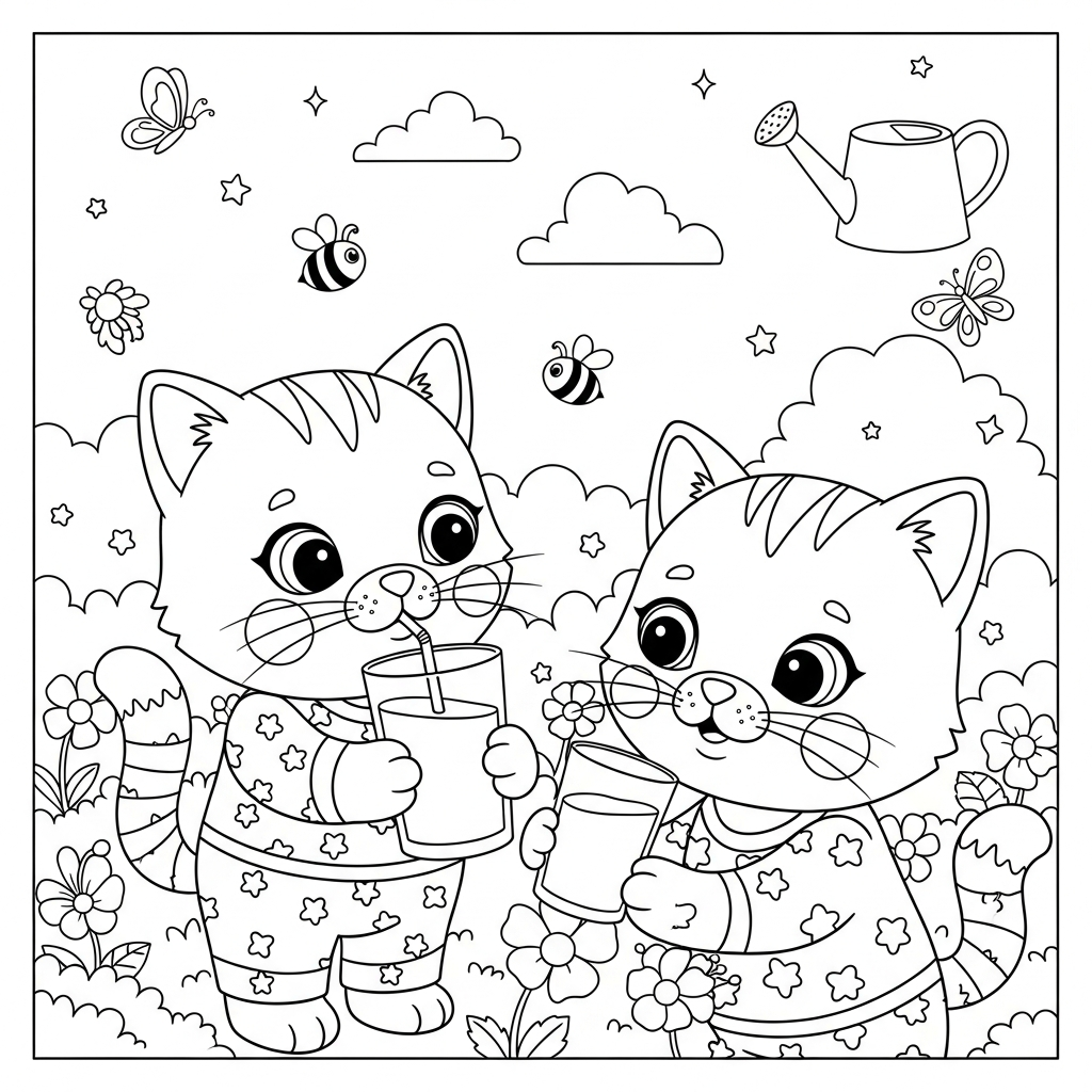 Desenho de gatinho para colorir bebendo leite em copo grande no jardim florido.