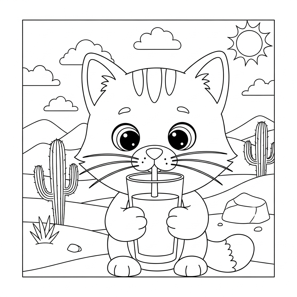 Desenho de gatinho para colorir bebendo leite em copo grande no deserto com cactos