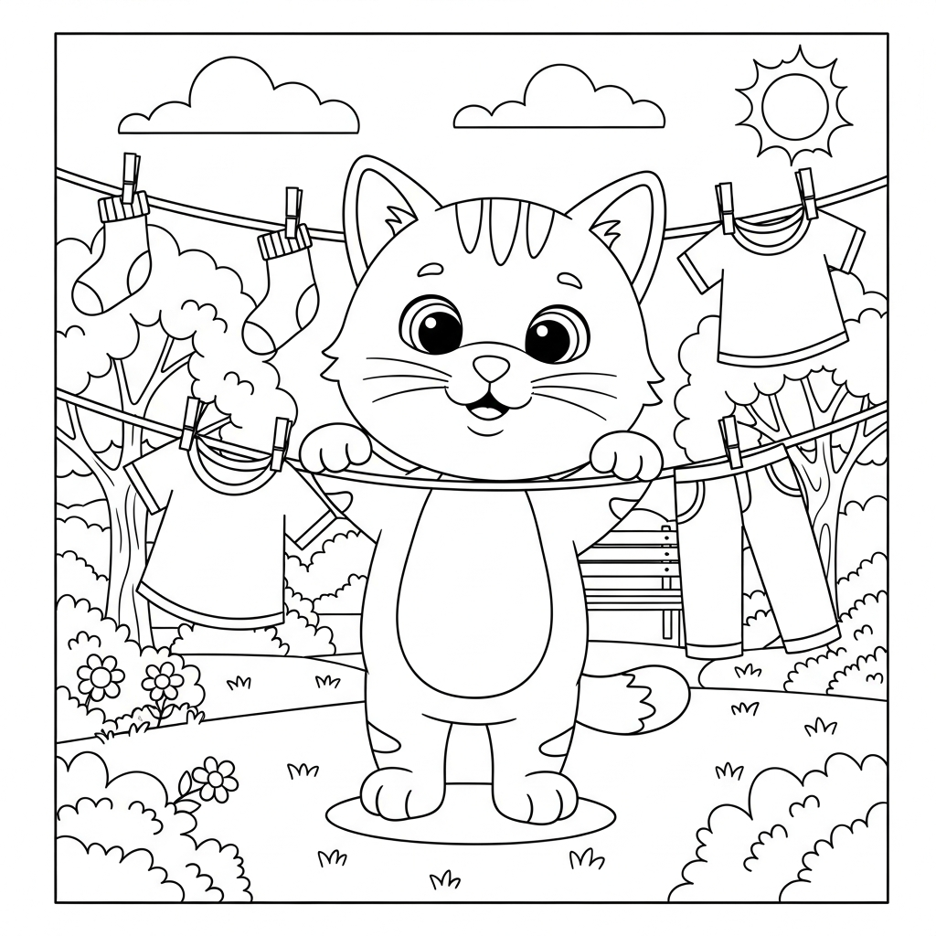 Desenho de gatinho para colorir estendendo roupas no varal em parque ensolarado com árvores