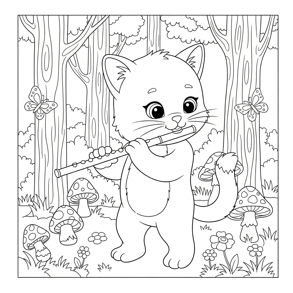 Desenho de gatinho para colorir tocando flauta de pé na floresta com cogumelos e borboletas