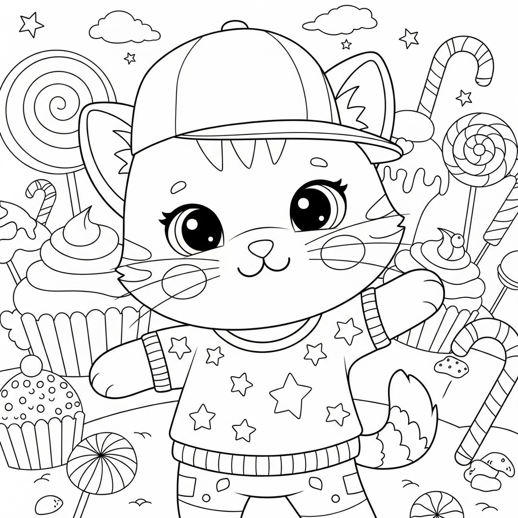 Desenho de gatinho para colorir dançando hip-hop com chapéu na terra dos doces