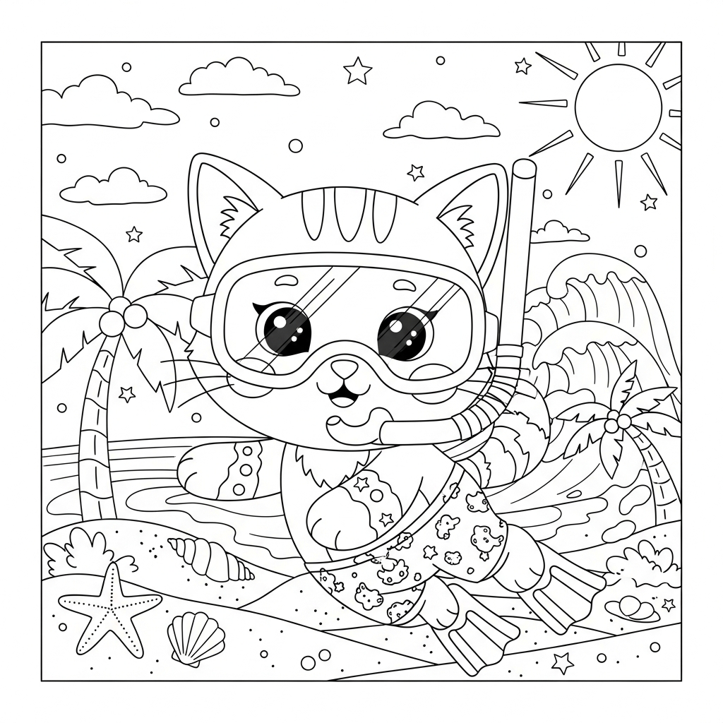 Desenho de gatinho para colorir mergulhando com snorkel na praia com palmeiras
