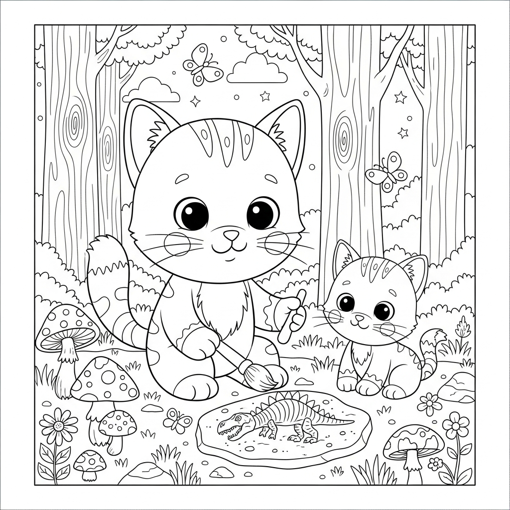 Desenho de gatinho para colorir descobrindo fóssil de dinossauro na floresta.