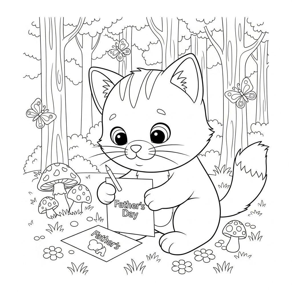 Desenho de gatinho para colorir fazendo cartão de dia dos pais na floresta.