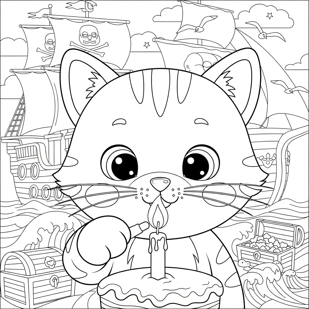 Desenho de gatinho para colorir acendendo vela em bolo num navio pirata.