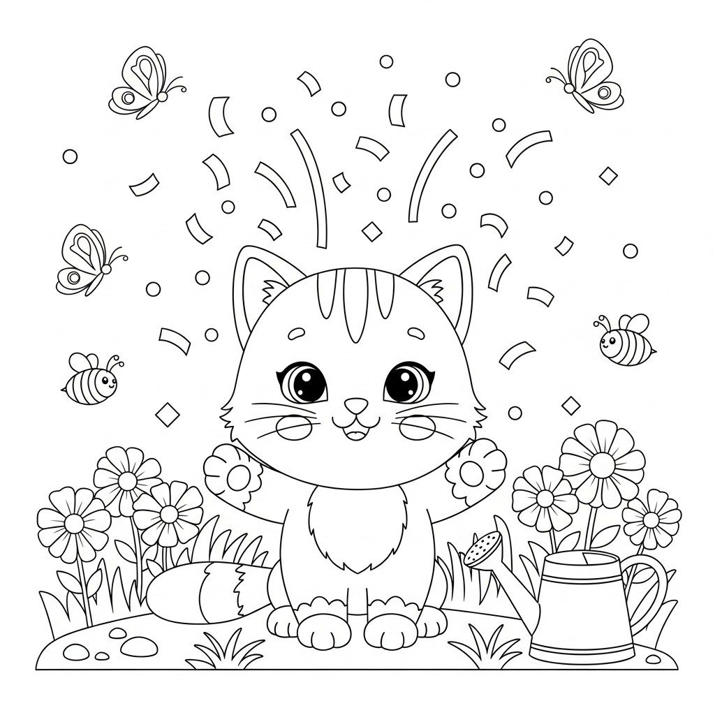 Desenho de gatinho para colorir estourando confete no jardim com flores e abelhas.