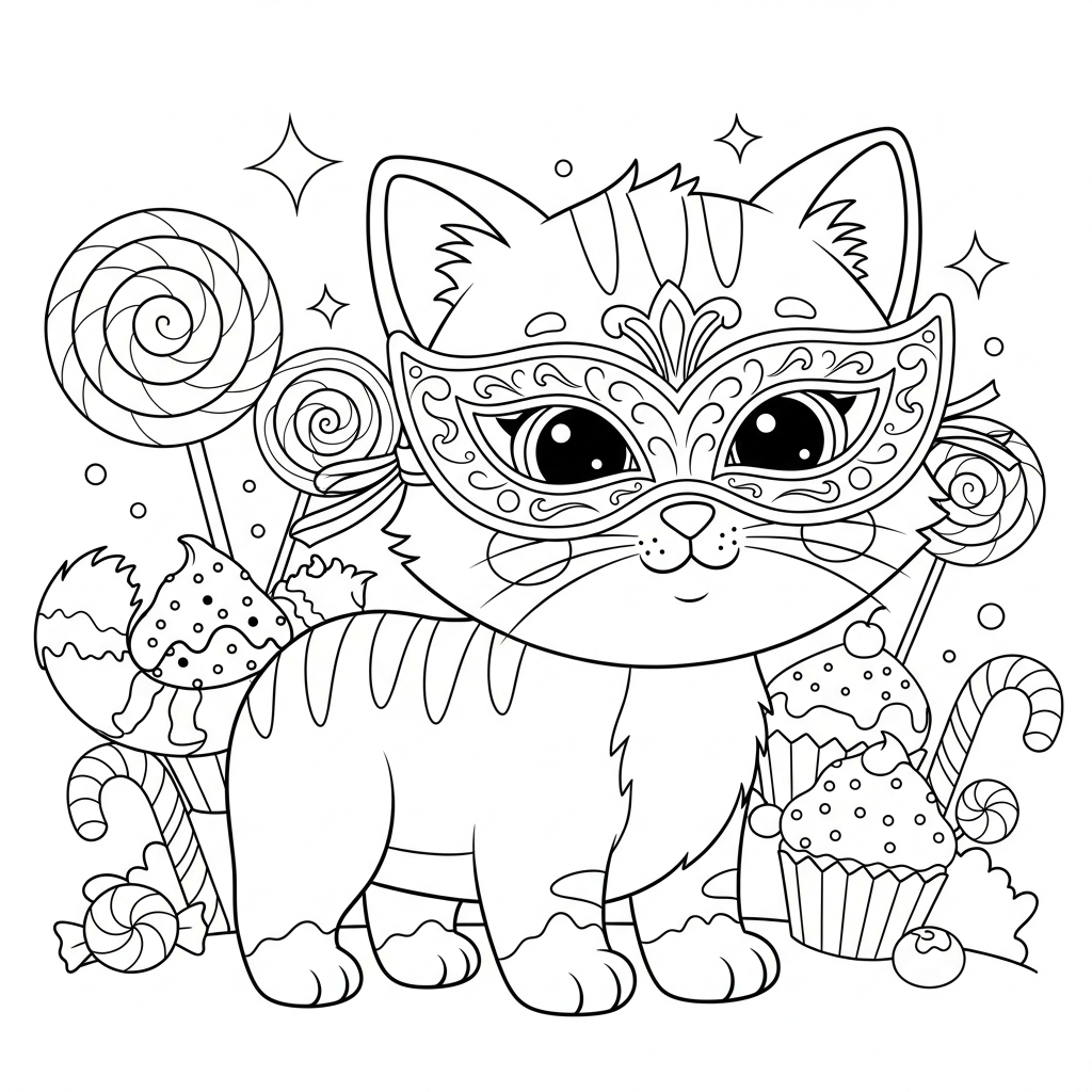 Desenho de gatinho para colorir usando máscara de carnaval na terra dos doces
