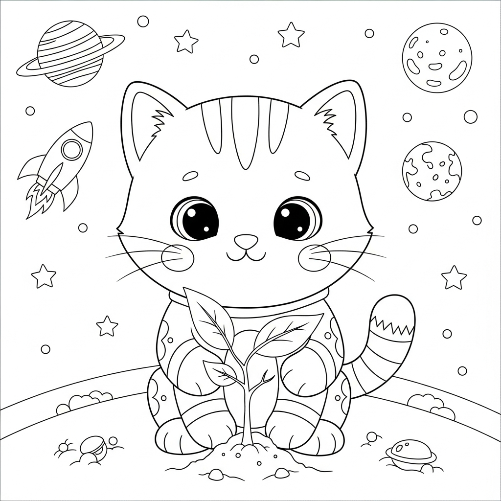 Desenho de gatinho para colorir plantando muda no espaço com planetas e foguete.