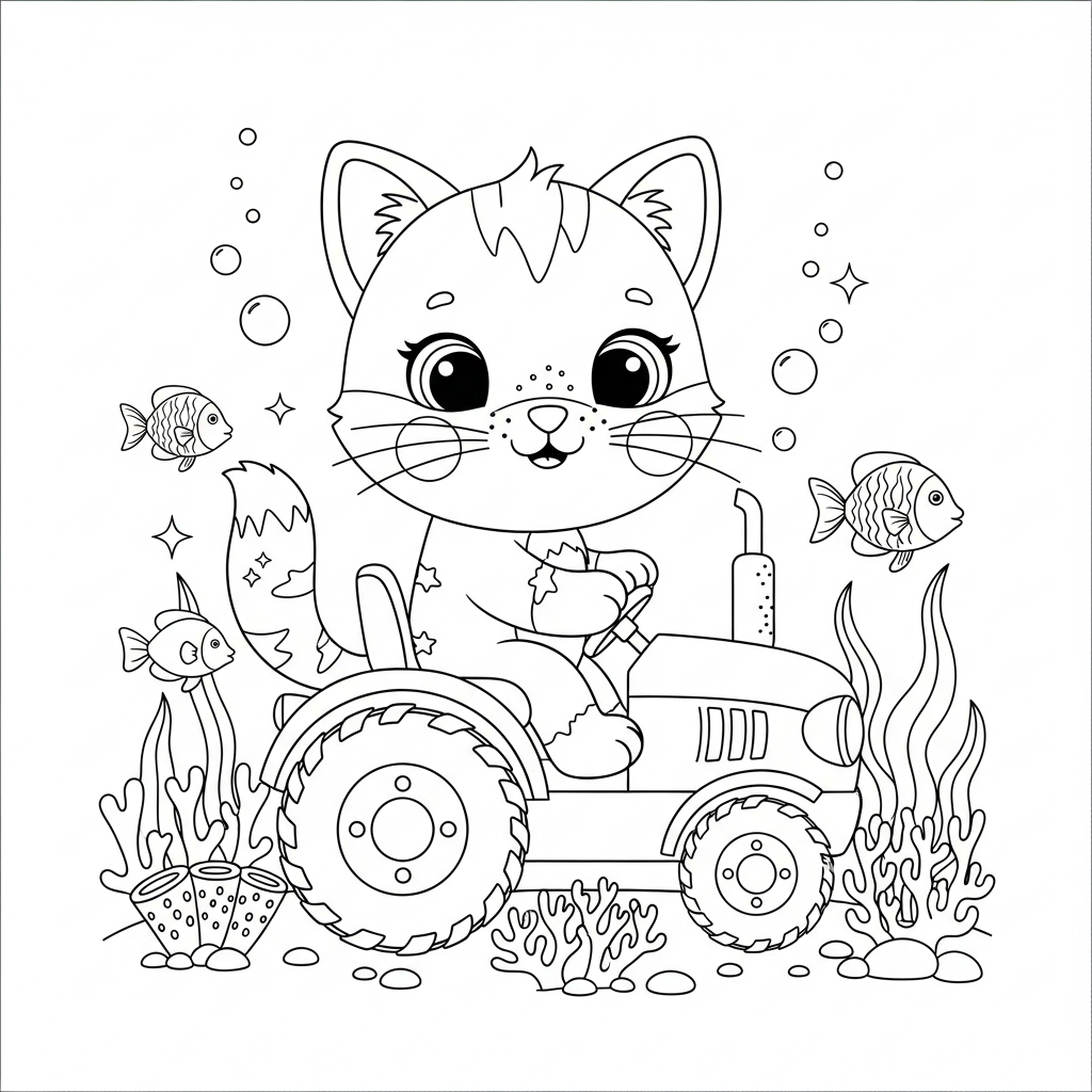 Desenho de gatinho para colorir dirigindo trator no campo submarino com peixes e corais