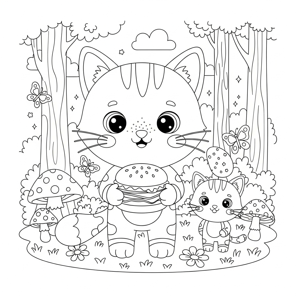 Desenho de gatinho para colorir segurando hambúrguer com duas mãos na floresta.