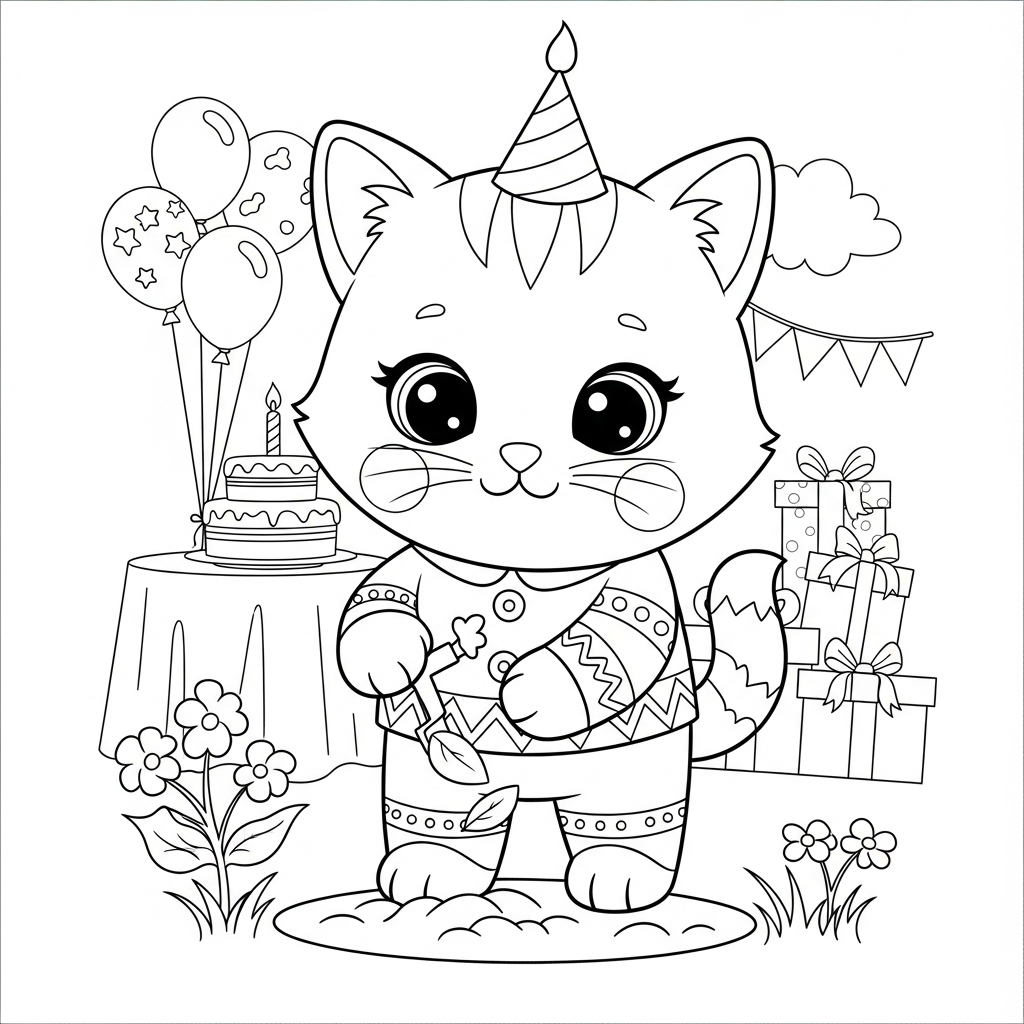 Desenho de gatinho para colorir plantando semente no canteiro durante festa de aniversário