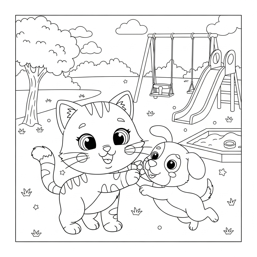 Desenho de gatinho para colorir brincando com cachorro pulando no playground com escorregador.