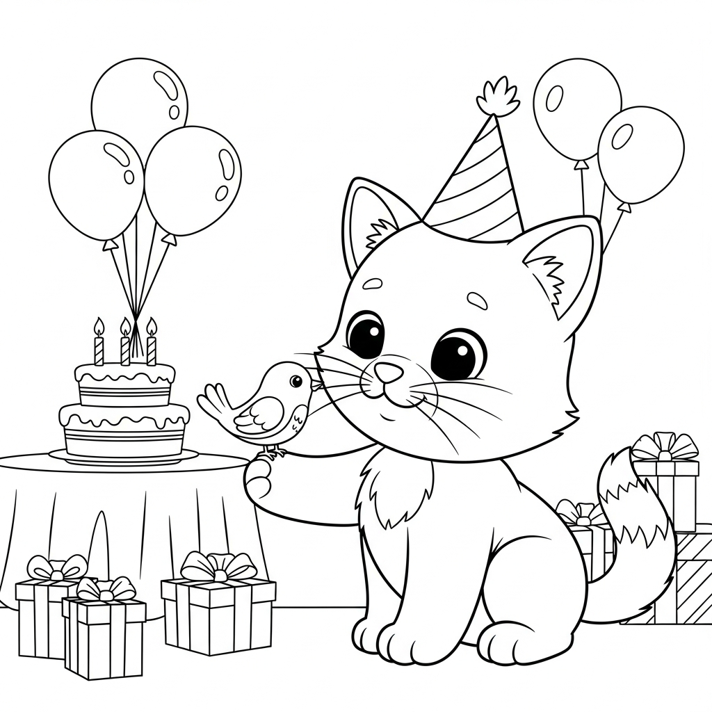 Desenho de gatinho para colorir conversando com passarinho na mão em festa de aniversário