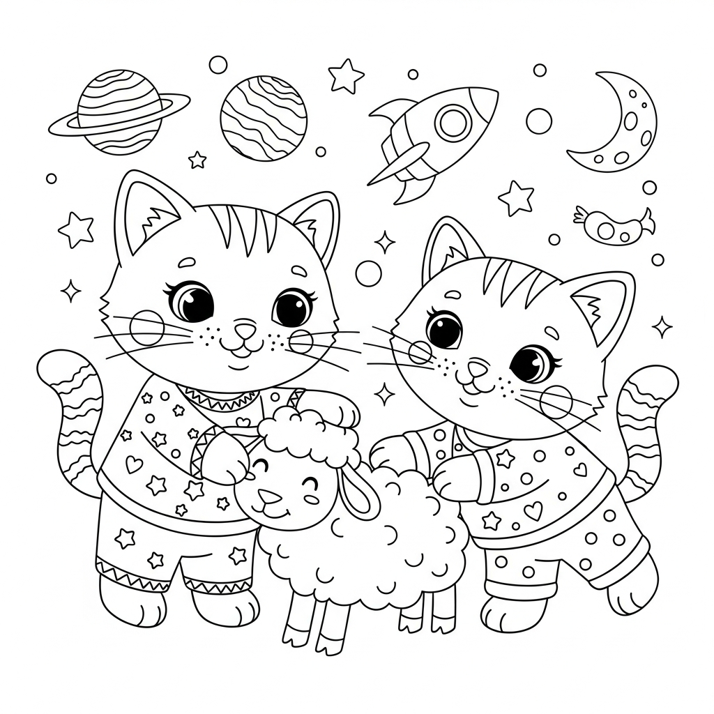 Desenho de gatinho para colorir acariciando ovelha lanuda no espaço com planetas e foguete