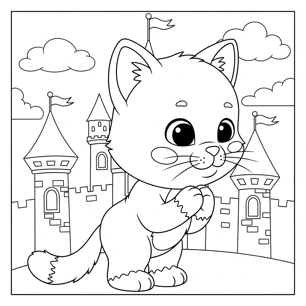 Desenho de gatinho para colorir fazendo reverência polida diante de castelo encantado