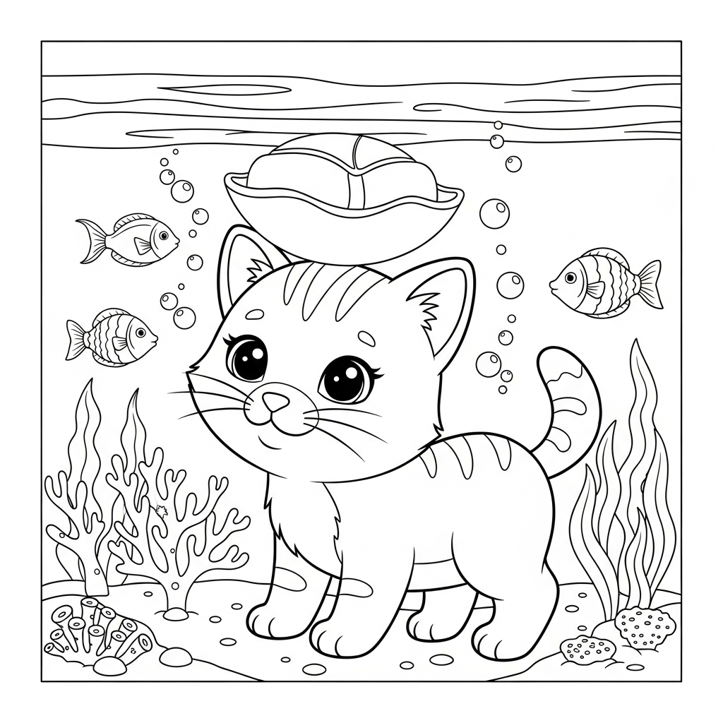 Desenho de gatinho para colorir equilibrando objeto na cabeça entre peixes e corais