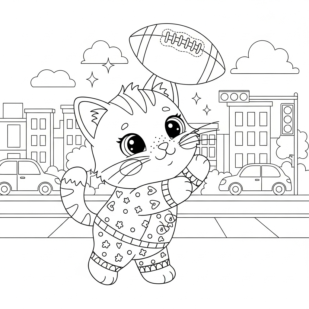 Desenho de gatinho para colorir brincando com bola de futebol americano na rua da cidade
