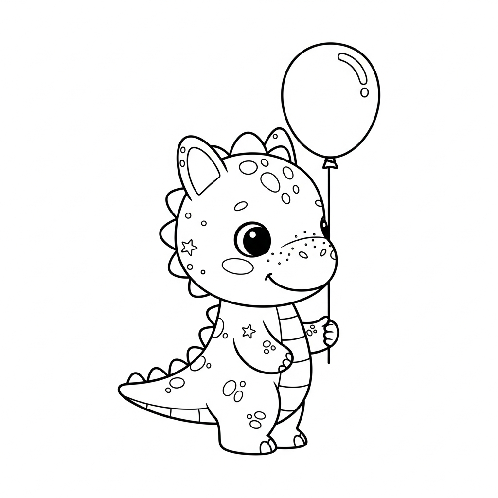 Desenho de dinossauro para colorir segurando um balão alegremente