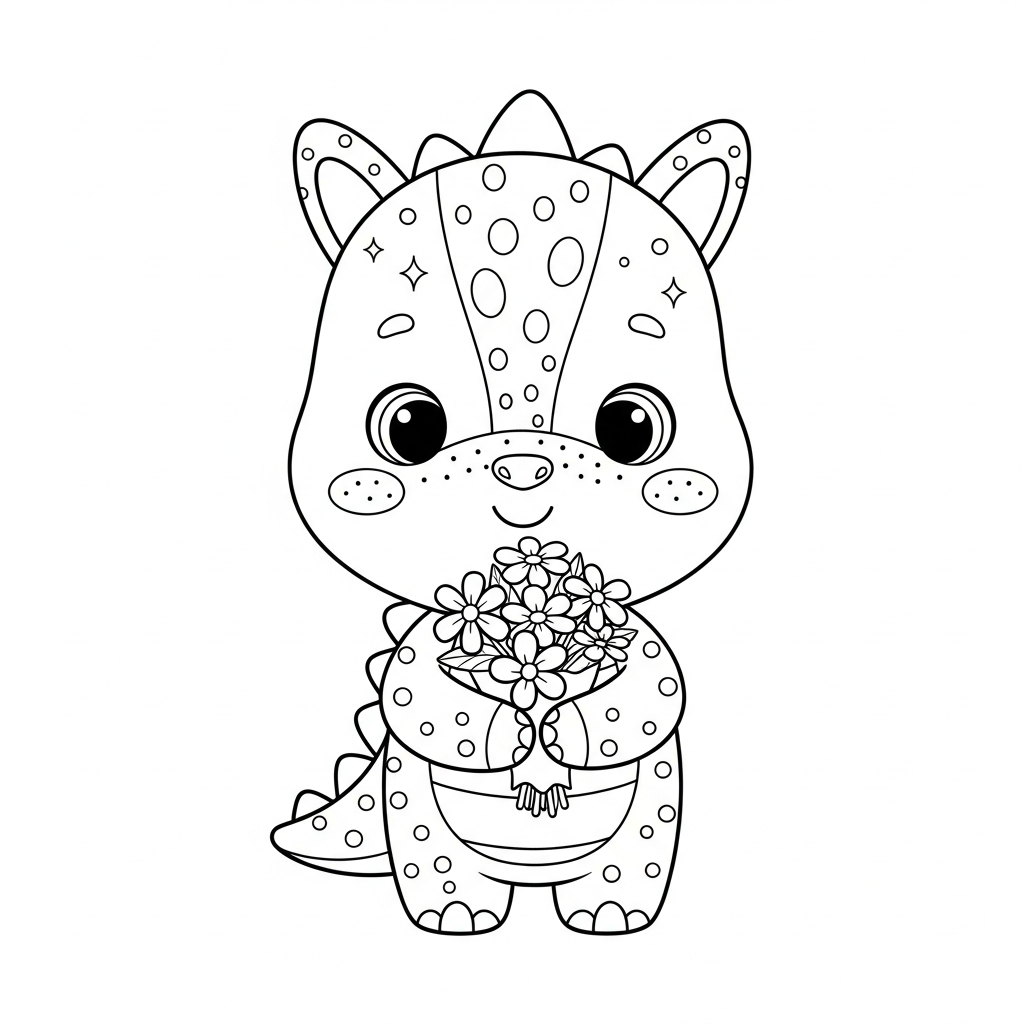 Desenho de dinossauro para colorir segurando buquê de flores alegremente