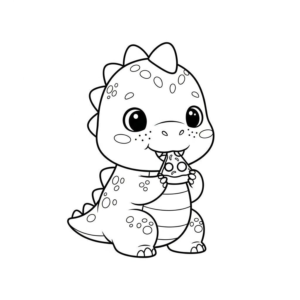 Desenho de dinossauro para colorir comendo uma fatia de pizza sorridente