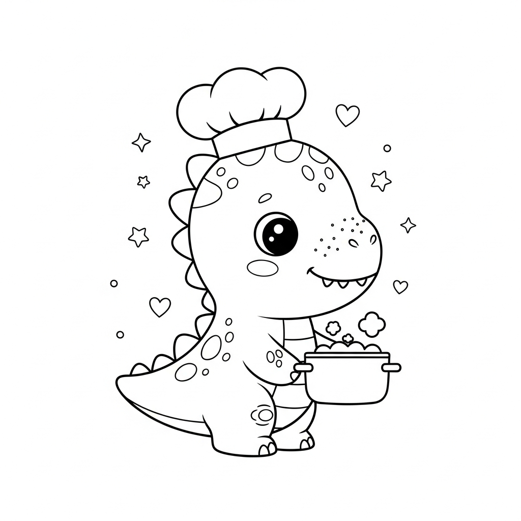 Desenho de dinossauro para colorir usando chapéu de chef e cozinhando com estrelinhas e corações.