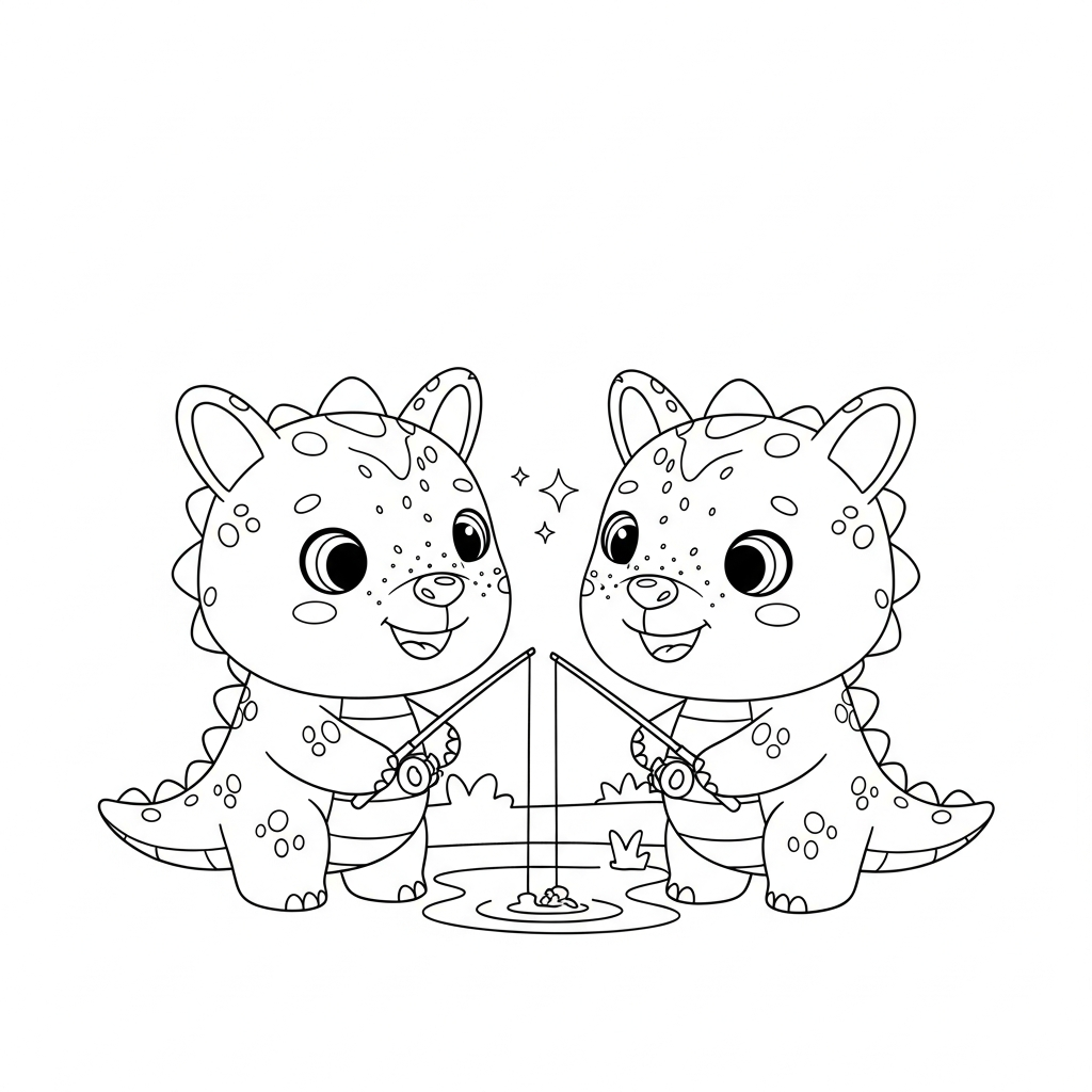 Desenho de dinossauro para colorir pescando com vara e expressão divertida