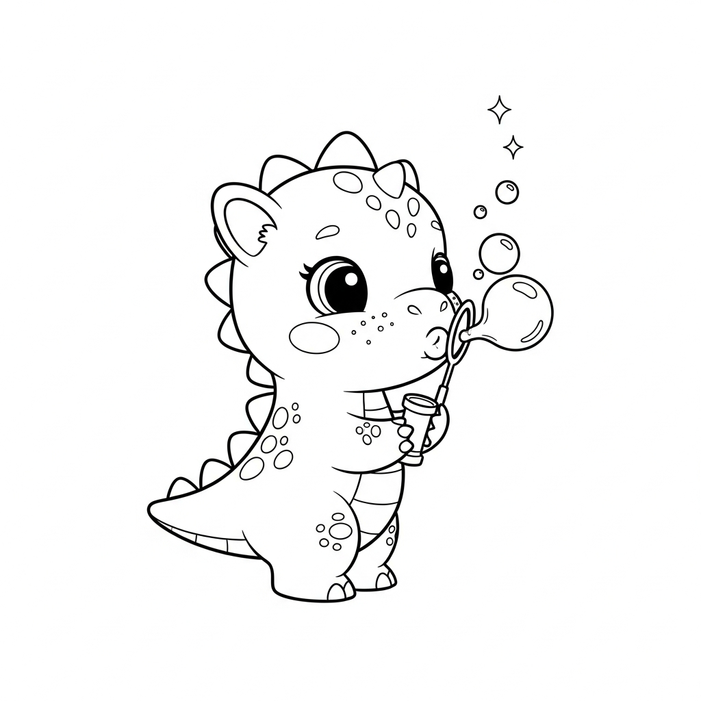 Desenho de dinossauro para colorir fazendo bolhas de sabão alegremente
