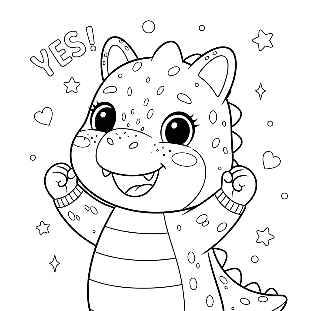 Desenho de dinossauro para colorir vibrando com punhos no ar e estrelinhas decorativas