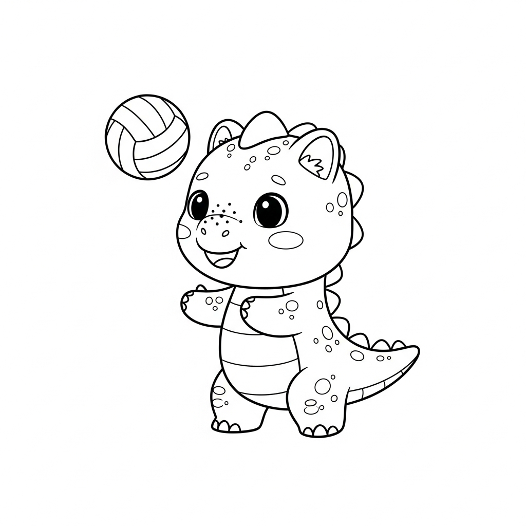 Desenho de dinossauro para colorir sacando a bola em partida de vôlei