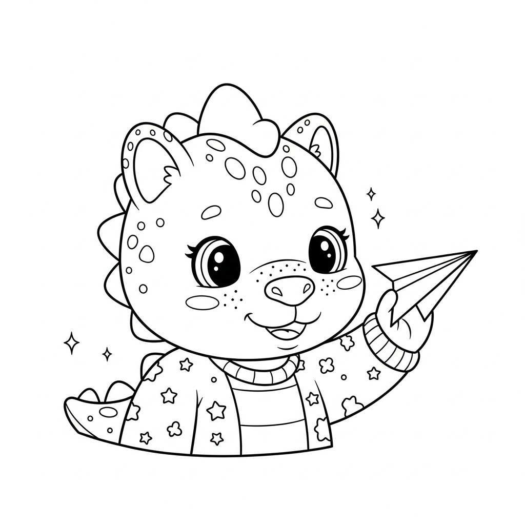 Desenho de dinossauro para colorir brincando alegremente com um avião de papel