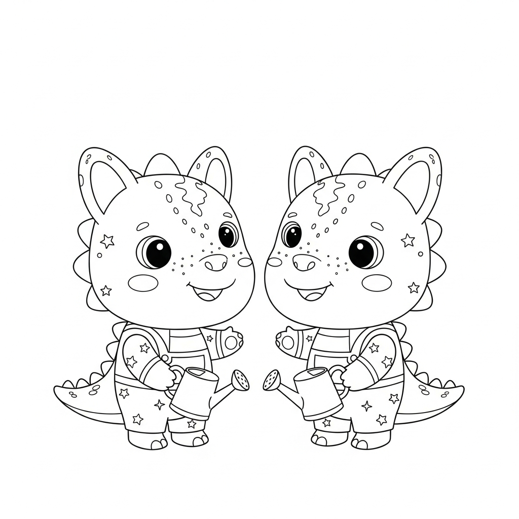 Desenho de dinossauro para colorir vestido de jardineiro segurando um regador