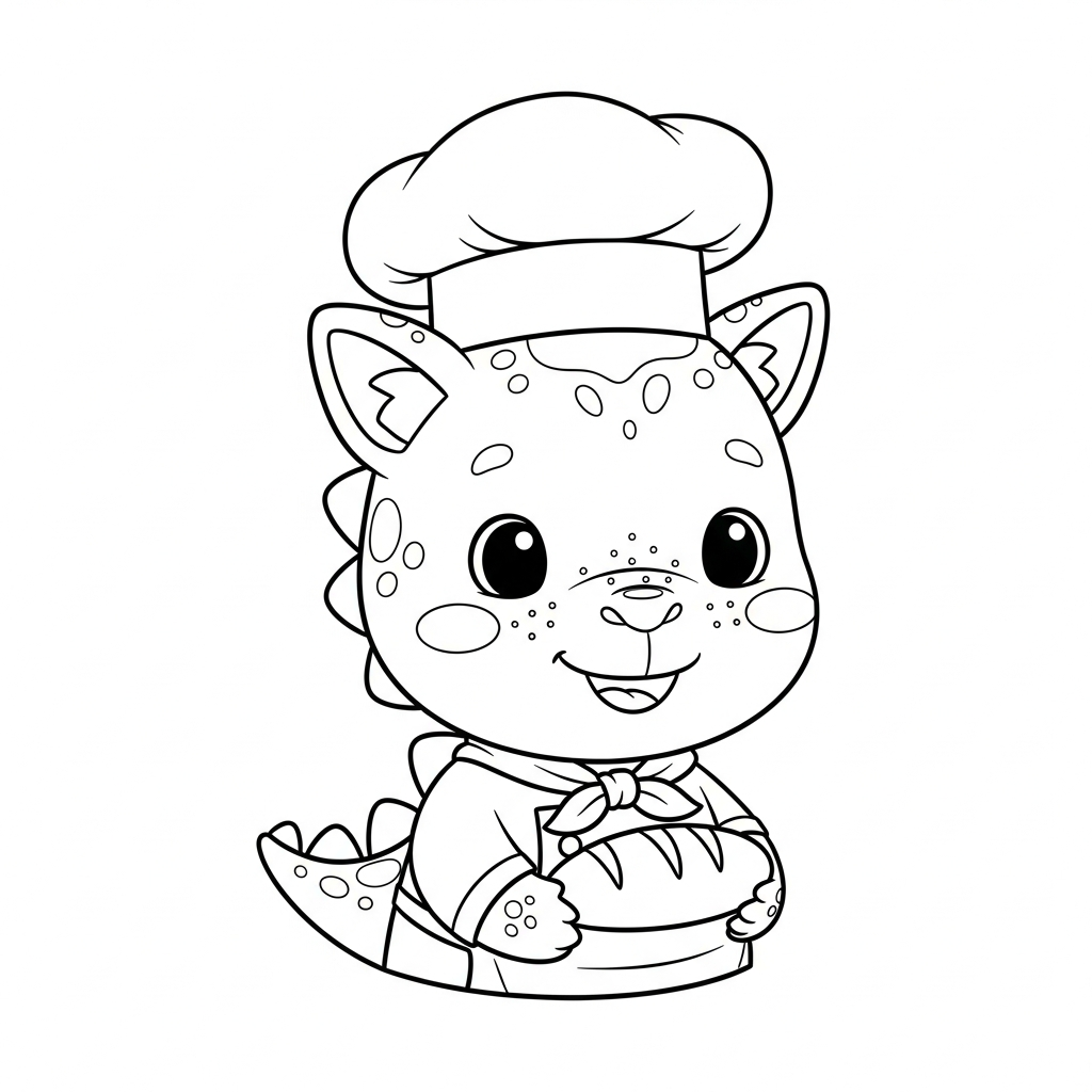Desenho de dinossauro para colorir vestido de padeiro segurando um pão