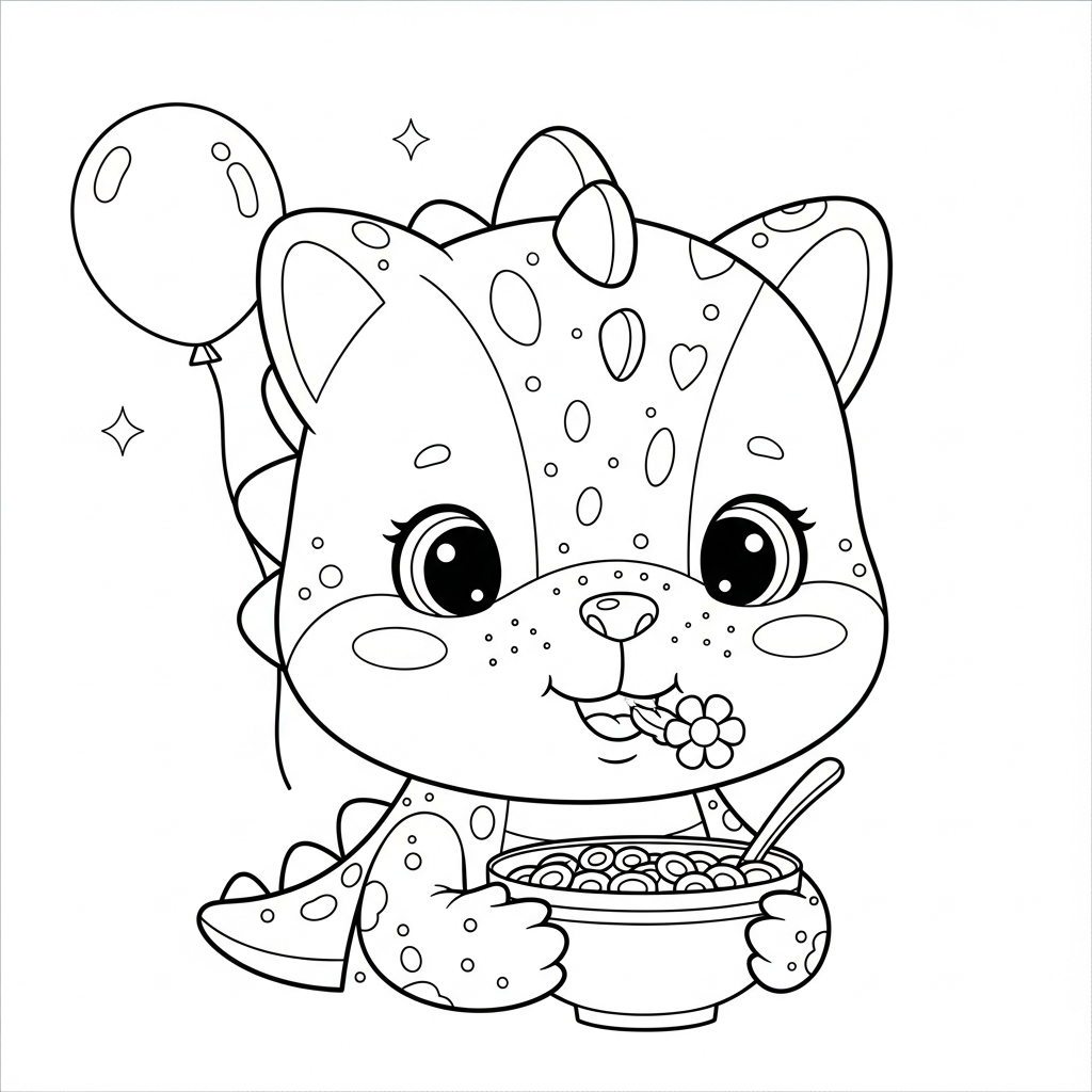 Desenho de dinossauro para colorir comendo cereal na tigela ao lado de uma colher.