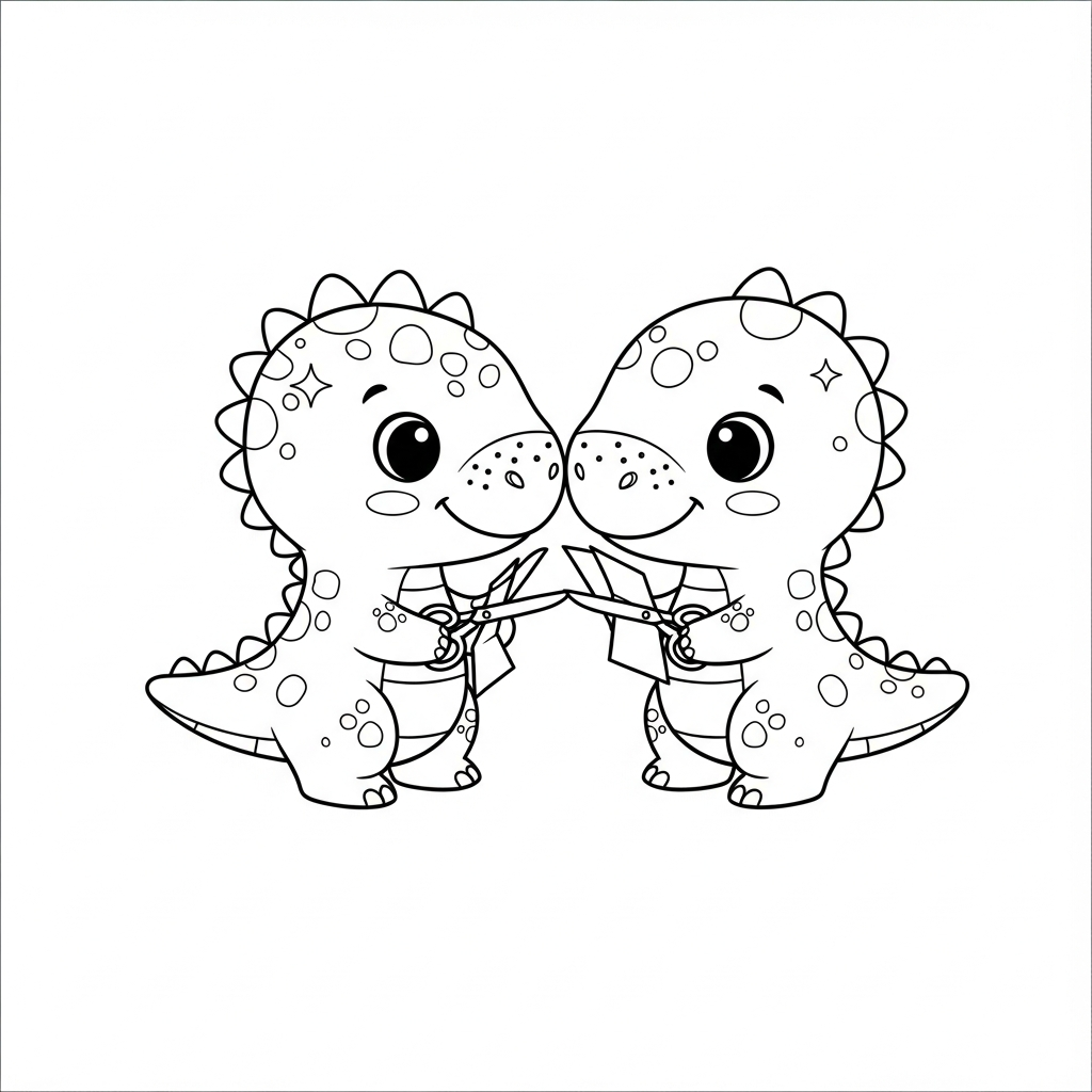 Desenho de dinossauro para colorir recortando papel cuidadosamente com uma tesoura