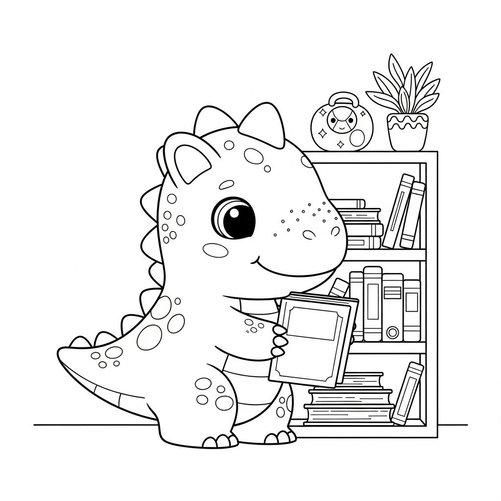 Desenho de dinossauro para colorir organizando livros na estante com cuidado